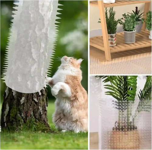 Collage mostrando ahuyentador de pinchos en diferentes usos: gato junto a tronco con pinchos, macetas protegidas en mueble, y detalle de pinchos en maceta.