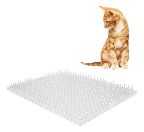 Ahuyentador de gatos con pinchos repelentes de PVC, vista frontal con gato de referencia