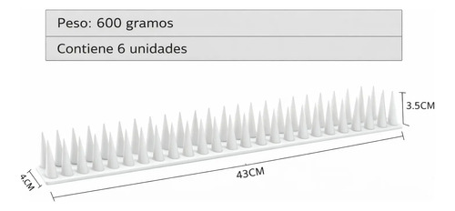 Pinchos espanta palomas con medidas técnicas: 43 cm largo, 17 cm ancho, 3,5 cm alto