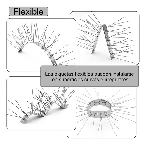 Pinchos espanta palomas de acero inoxidable en diferentes ángulos de instalación, demostrando su flexibilidad en superficies curvas.