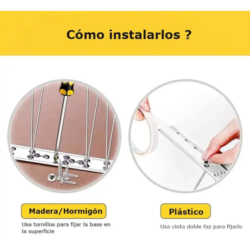 Guía de instalación de pinchos ahuyenta palomas: método con tornillos para madera/hormigón y método con cinta doble faz para plástico