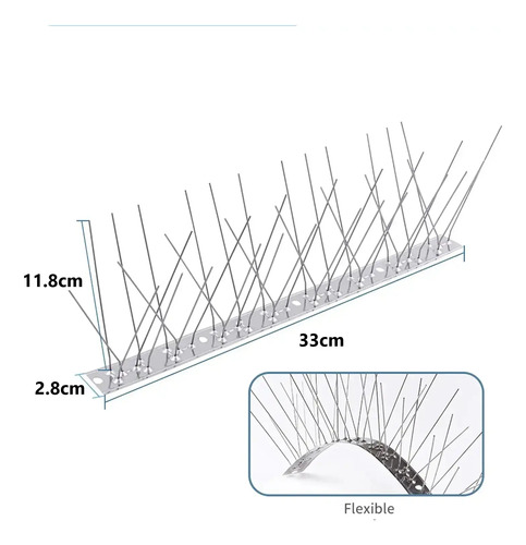 Pinchos espanta palomas de acero con medidas: 33 cm largo, 11.8 cm alto, 2.8 cm base, y detalle de flexibilidad.