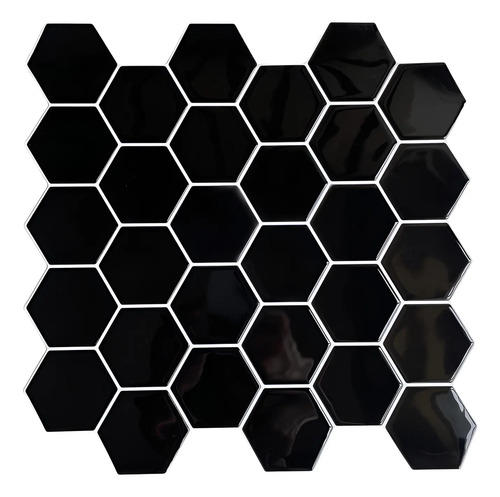 Azulejos autoadhesivos hexagonales negros 3D en patrón de panal con líneas blancas divisorias