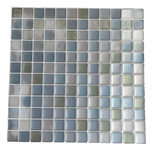 Azulejo autoadhesivo mosaico 3D con cuadrados en tonos grises, azules, verdes y blancos
