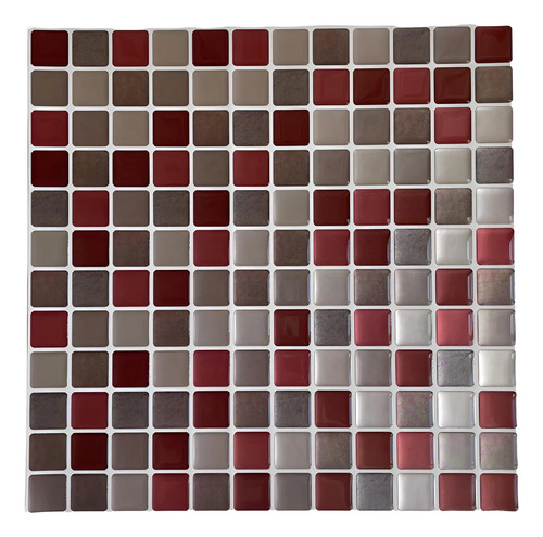 Azulejos autoadhesivos venecitas 3D en tonos rojo vino, gris y beige en disposición de malla.