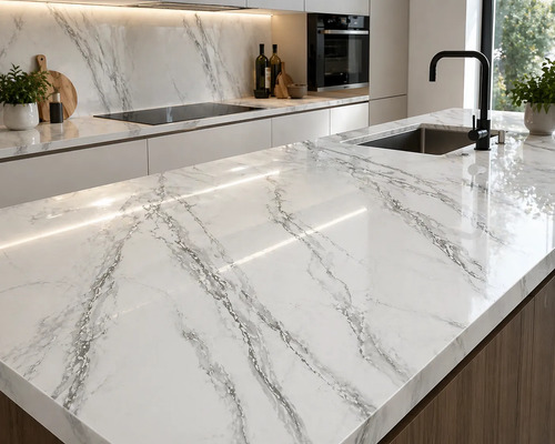 Encimera de cocina revestida con papel mármol adhesivo blanco con vetas grises, instalado sobre superficie de trabajo