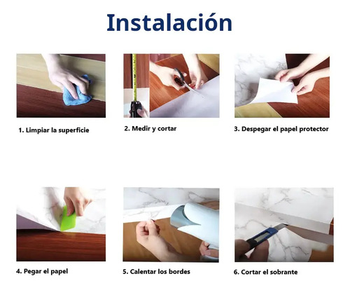 Guía de instalación en 6 pasos del papel adhesivo mármol: limpiar, medir, cortar, pegar, calentar bordes y cortar sobrante