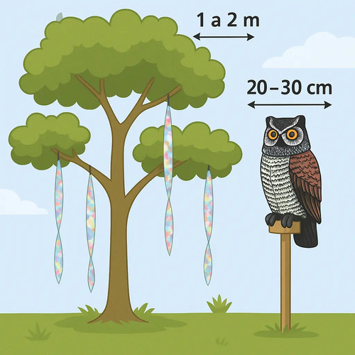 Infografía del pack búho espanta palomas con cinta ahuyentadora mostrando medidas de instalación
