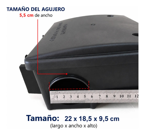 Medidas de la caja cebadera: tamaño 22 x 18,5 x 9,5 cm y entrada para roedores de 5,5 cm de ancho