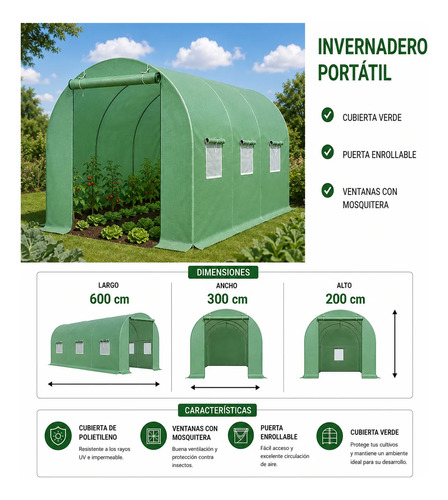 Características del invernadero de 6 x 3 x 2 m: cubierta verde de polietileno, puerta enrollable y ventanas con mosquitero