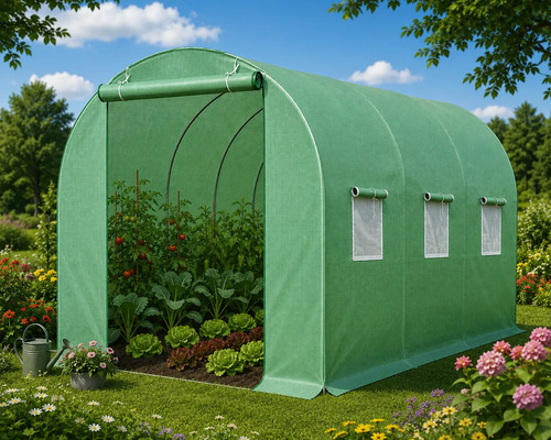 Invernadero de 6 x 3 x 2 m de tipo túnel con cubierta verde y ventanas laterales, instalado en una huerta