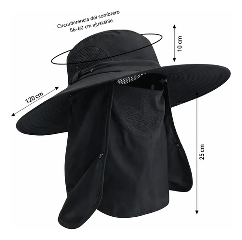 Medidas del sombrero con cubrenuca: circunferencia ajustable de 56 a 60 cm, copa de 10 cm y cubrecara y cubrenuca de 25 cm