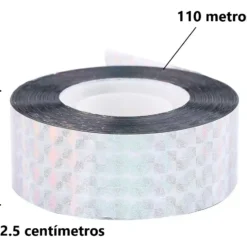 Rollo de cinta holográfica reflectante de 110 metros por 2.5 cm de ancho, diseñado para ahuyentar palomas, gorriones y otras aves de forma sencilla y efectiva.