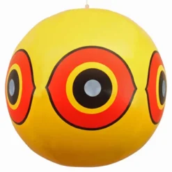 Espantapájaros aves amarillo con diseño de ojos intimidantes.