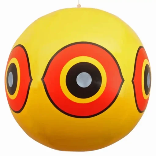 Espantapájaros aves amarillo con diseño de ojos intimidantes.