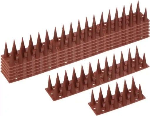 Conjunto de 6 tiras de pinchos espanta palomas y pájaros en color marrón, fabricados en polipropileno resistente con protección UV.