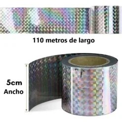 Rollo de cinta holográfica repelente de aves con medidas de 110 metros de largo y 5 cm de ancho, ideal para ahuyentar palomas y otras plagas.
