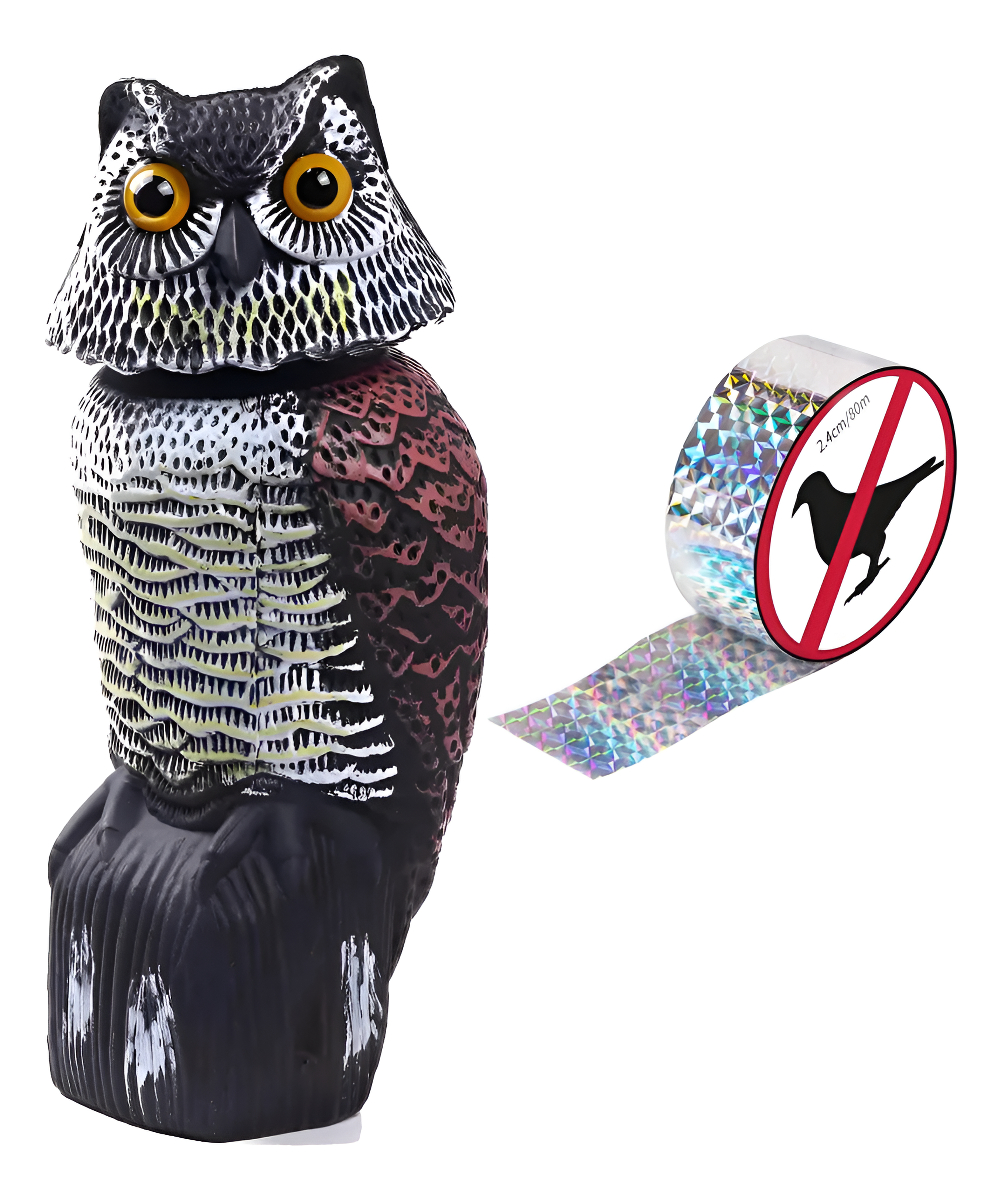 Pack Búho Espanta Palomas Y Aves + Cinta Ahuyentadora 110m