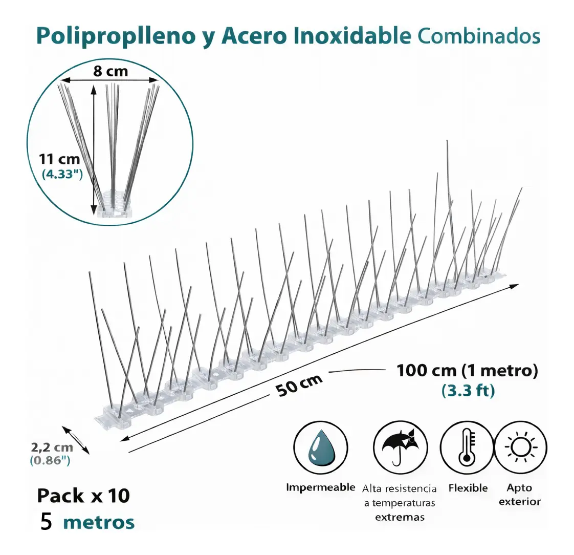 Ahuyenta Palomas Pajaros Pinchos De Acero Base Pvc 5 Metros - Imagen 3